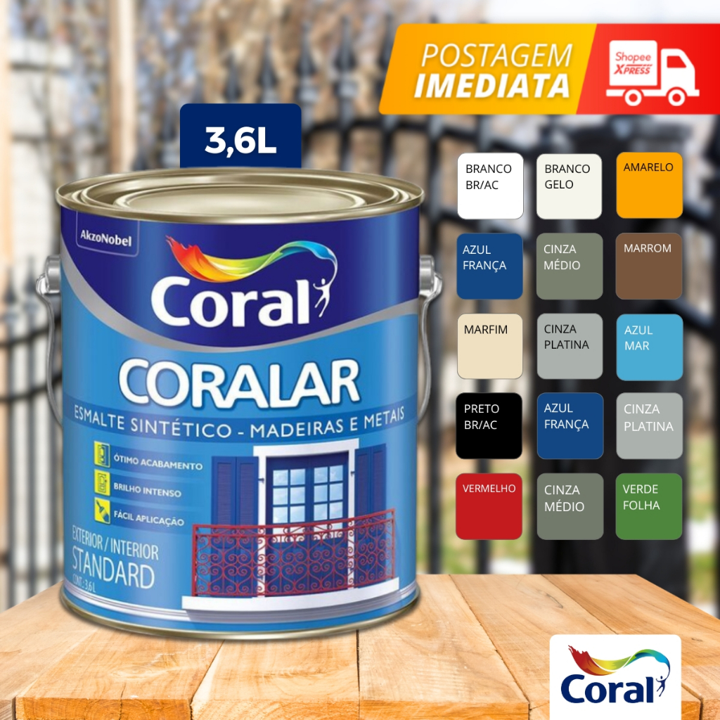 Tinta Esmalte Sintético Coralar Madeira e Metal Exterior/Interior 3.6L Coral em Oferta na Shopee