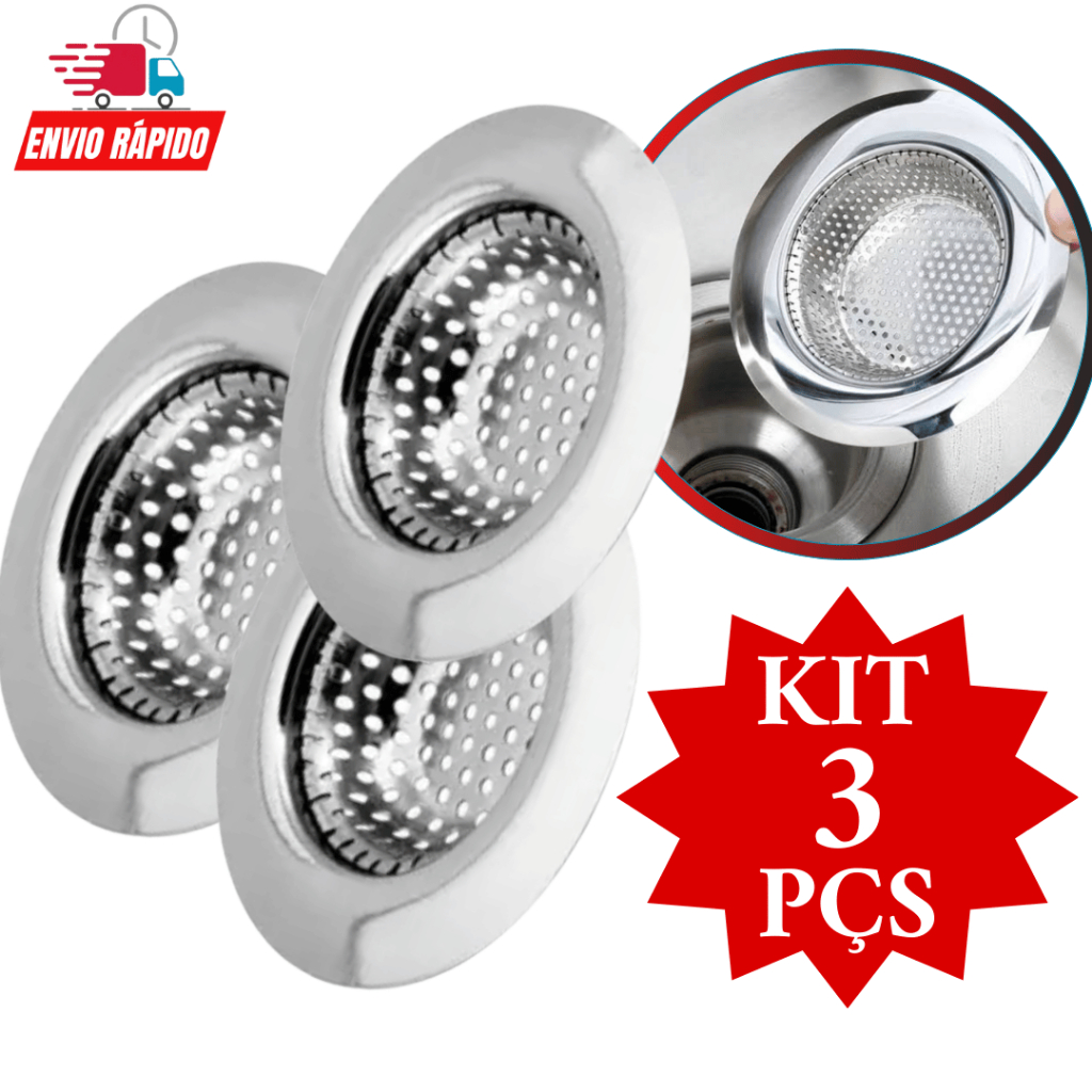 Kit Conjunto 3 Peças  Ralo Ralinho Ralo Japonês  11,4 cm Inox  Para Pia Cozinha Válvula Americana Borda Larga Universal