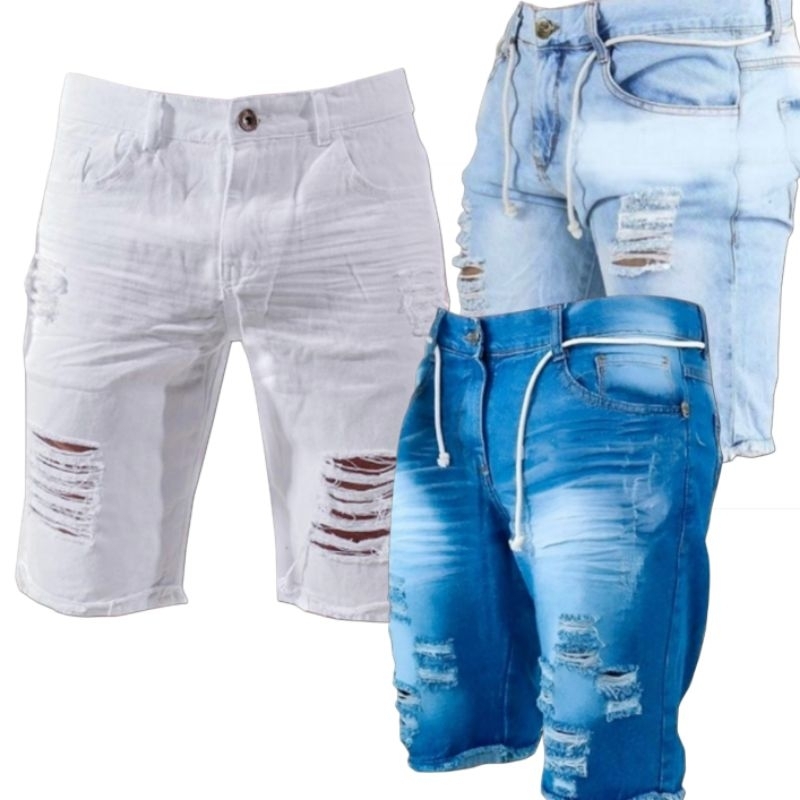 Kit 3 Bermuda Jeans Rasgada Premium C/ Lycra Destroyed em Oferta na Shopee