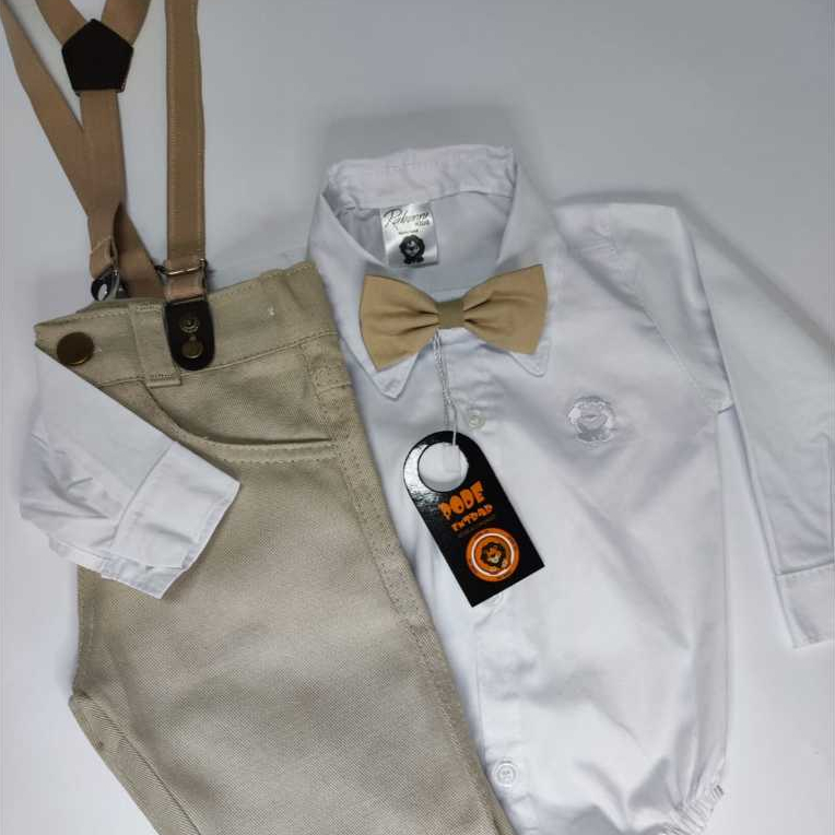 Conjunto body social manga longa calça e suspensório gravata - para batizado festa casamento pajem em Oferta na Shopee