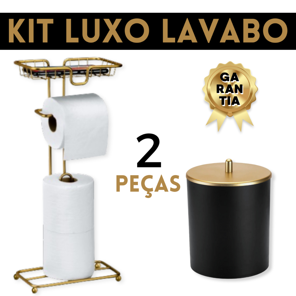 Kit Banheiro Porta Papel 3 Rolos e Lixeira Preta com Tampa Dourada 7 litros Porta Celular Gold Luxo