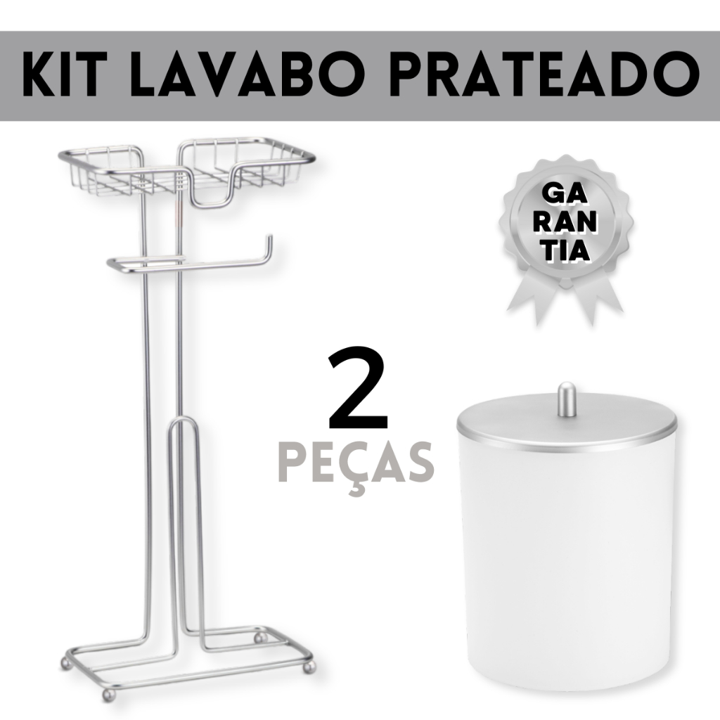 Kit Banheiro Porta Papel e Lixeira Branca com Tampa Prata De Chão Sem Furo Higiênica 3 Rolos Celular