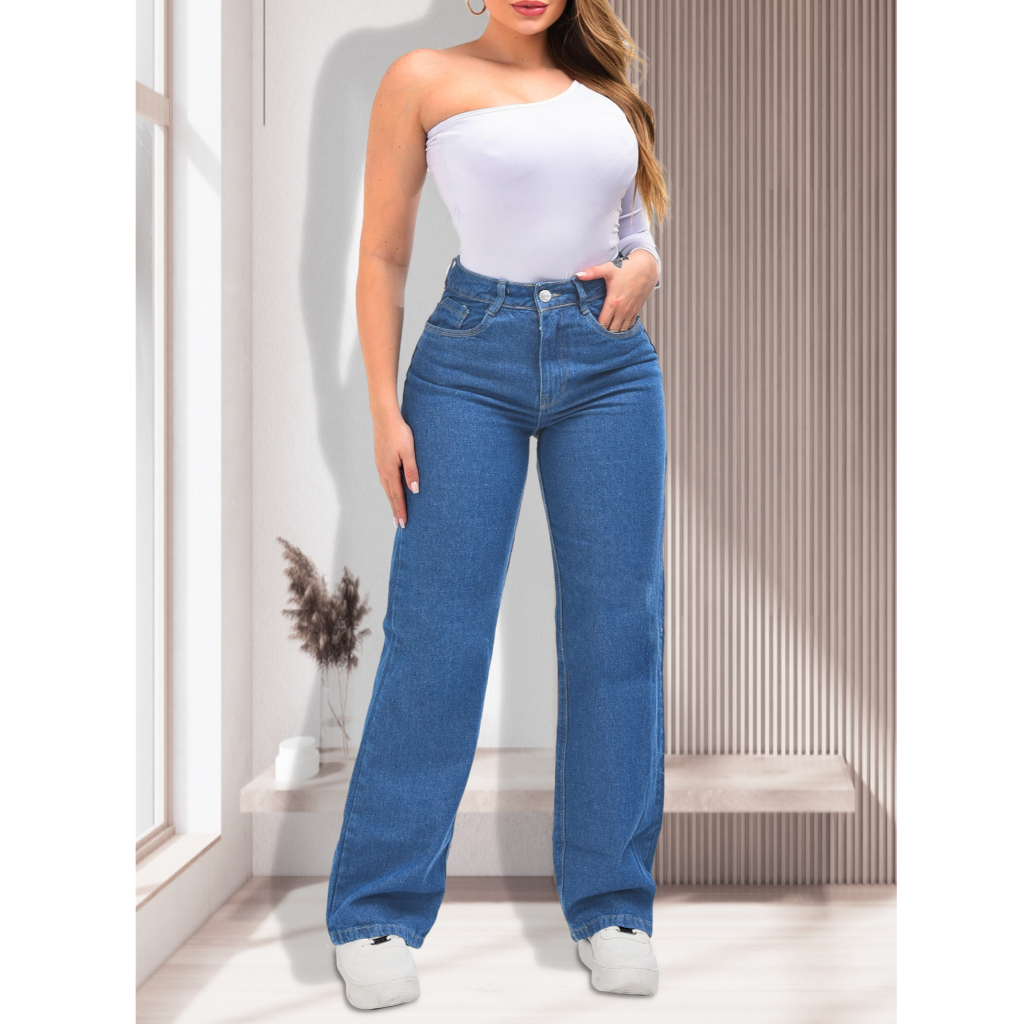 Calca Jeans Feminina Wide Leg Pantalona 100% Algodão Clássica Jeans Premium Cintura Alta A pronta Entrega