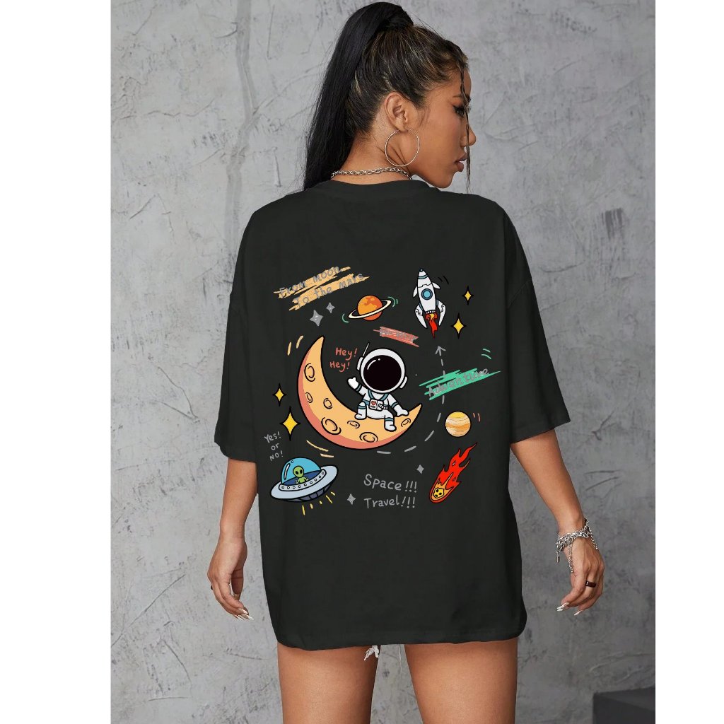 Camiseta Feminina Oversized Blusinha T Shirt Algodão Plus Size Infantil Space Travel Cartoon Streetwear