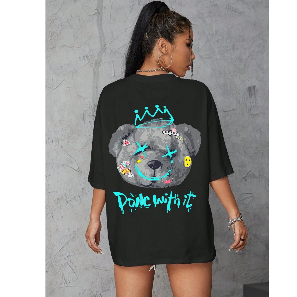 Camiseta Feminina Oversized Blusinha T Shirt Algodão Plus Size Infantil Urso Coroa Rei Streetwear Moda