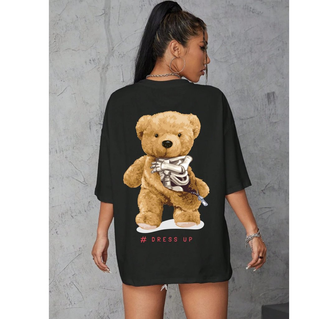 Camiseta Feminina Oversized Blusinha T Shirt Algodão Plus Size Infantil Urso Dress Up Streetwear Moda