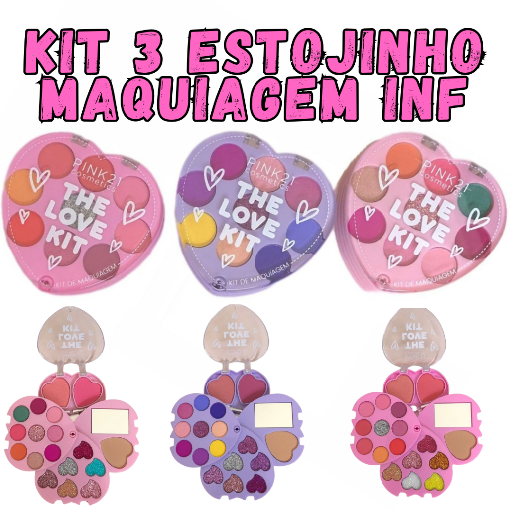 Paleta de Sombras The Love Kit Pink 21 💖 com Blush e Pó Compacto | Estojo Coração + Mini Pincéis