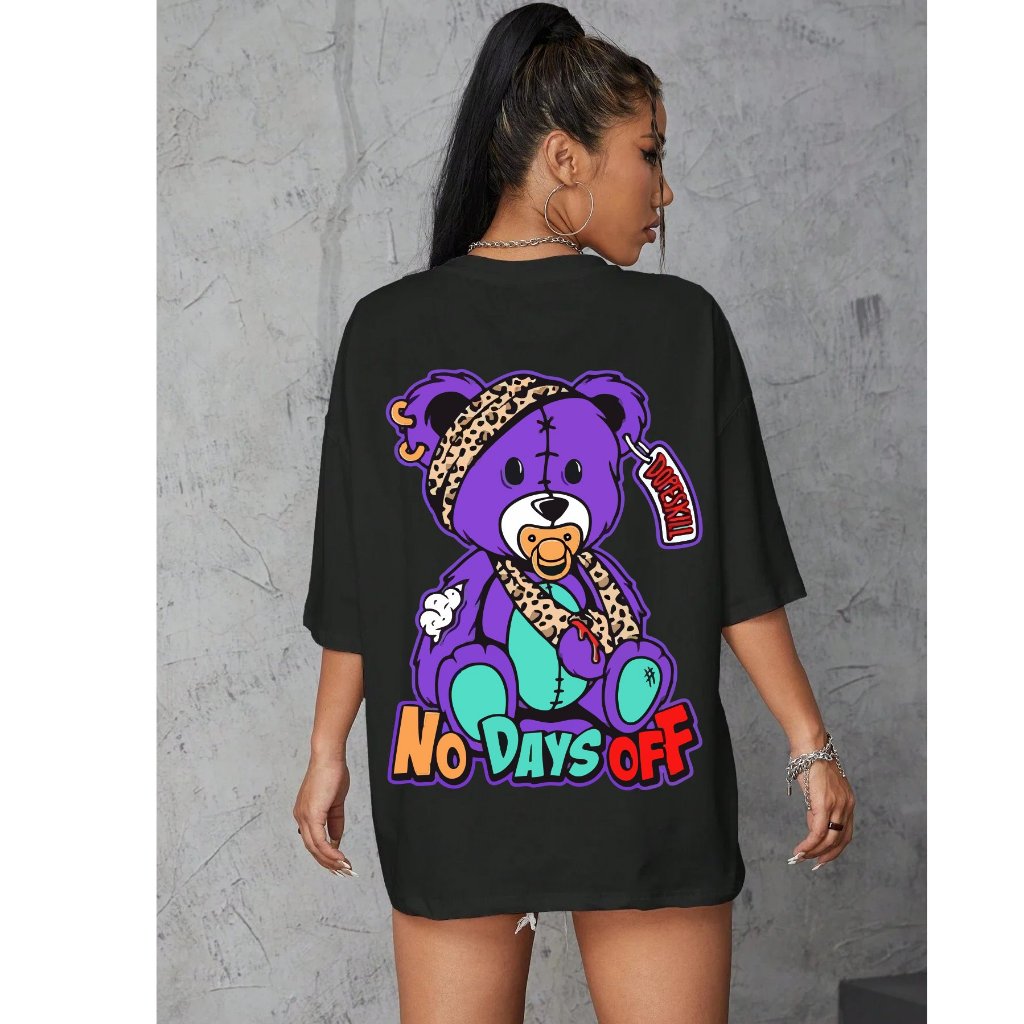 Camiseta Feminina Oversized Blusinha T Shirt Algodão Plus Size Infantil Urso Roxo No days Off Streetwear