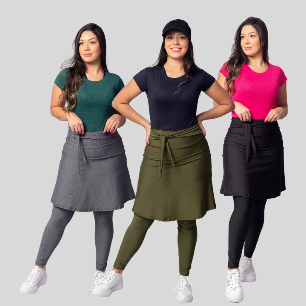 Kit 3 Calças Fitness Moda Evangélica Com Saia Academia Caminhada Com Laço