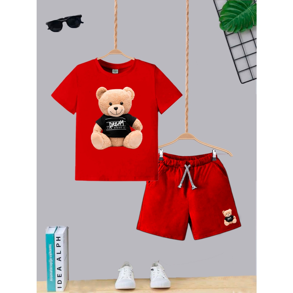Conjunto Camiseta Algodão + Bermuda Vermelha Com Bolso Dream Bear Infantil Juvenil Moda