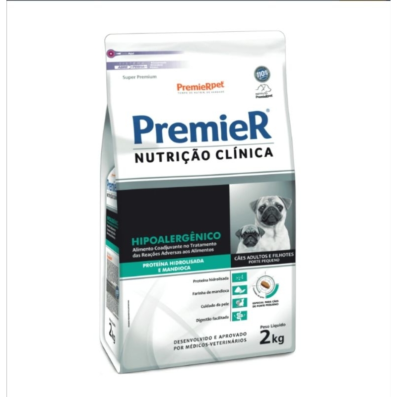 Ração Premier Nutrição Clínica Hipoalergênico Proteína Hidrolisada e Mandioca cães Raças Pequenas 2kg val 08/27
