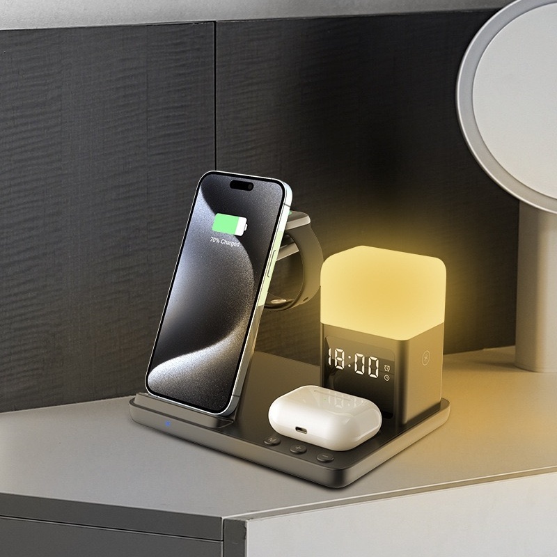 6 em 1 Carregador sem fio para celular de 15 W com funções de luz noturna de mesa e desper...