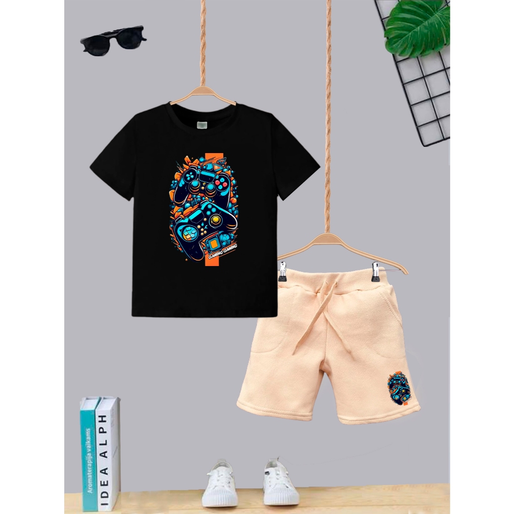 Conjunto Bermuda Bege Com Bolso + Camiseta Algodão Game Play Controle Moda Infantil Kids Juvenil
