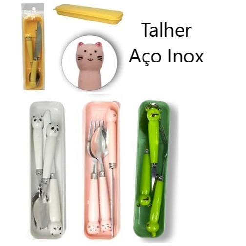 Conjunto 4 peças, Garfo, Colher, Faca, Porta Talher Aço Inoxidável bichinhos divertidos em Oferta na Shopee