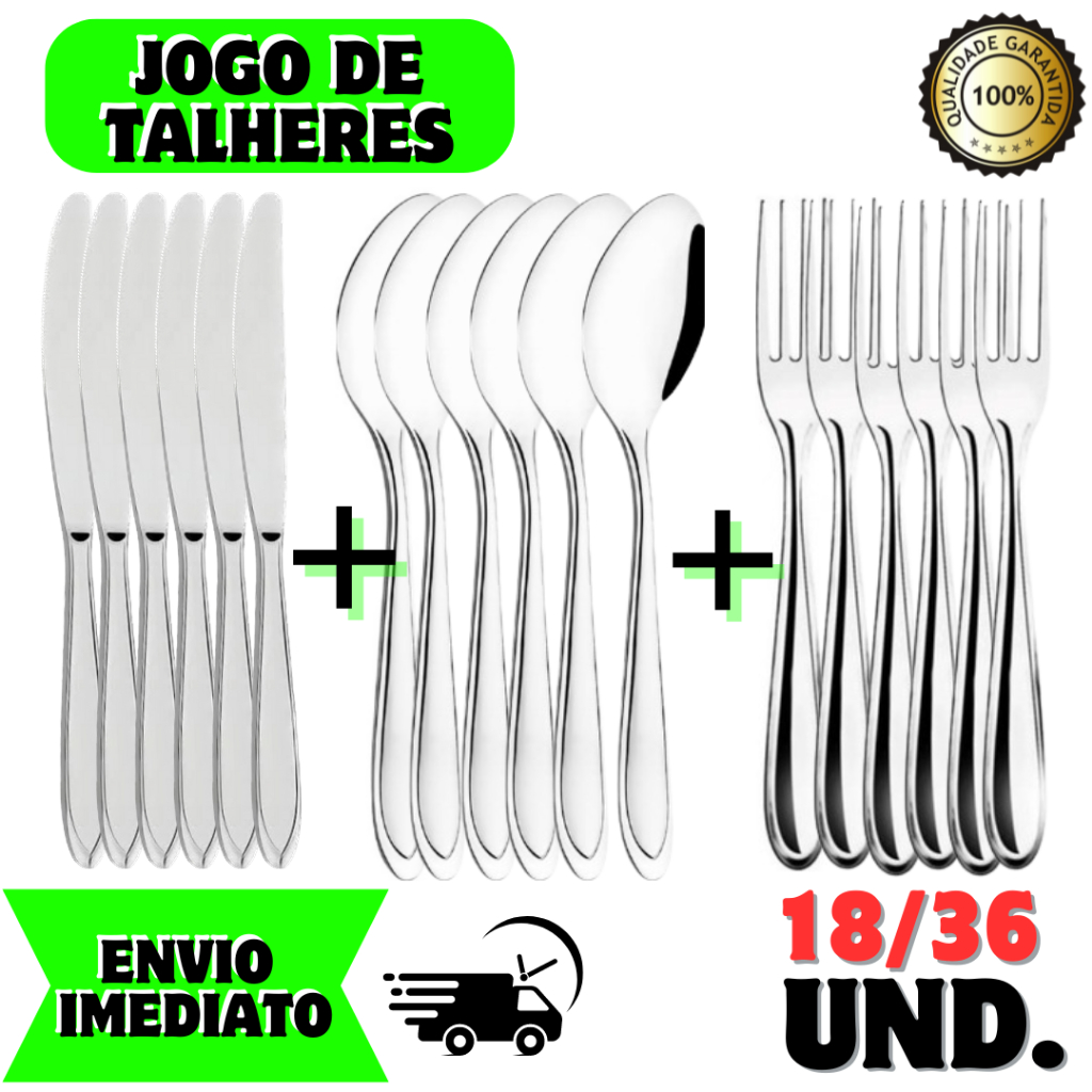 Jogo de talheres 36 ou 18 peças de mesa em aço inox colher, garfo, faca kit com 18 ou 36 unidades