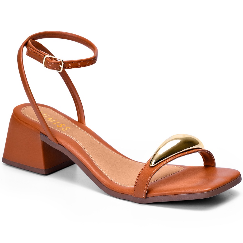Sandália Feminina Lumiss Confortável Enfeite Metalizado Salto Baixo Bloco Caramelo em Oferta na Shopee