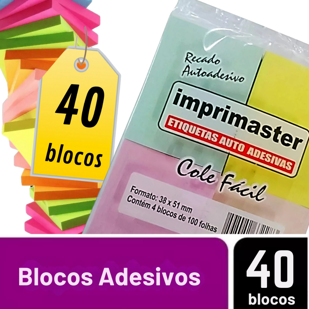 40 Blocos Recados Cole Fácil 38x50mm Post it Verde, Rosa, Amarelo e Laranja Produto Original 100% Nacional em Oferta na Shopee