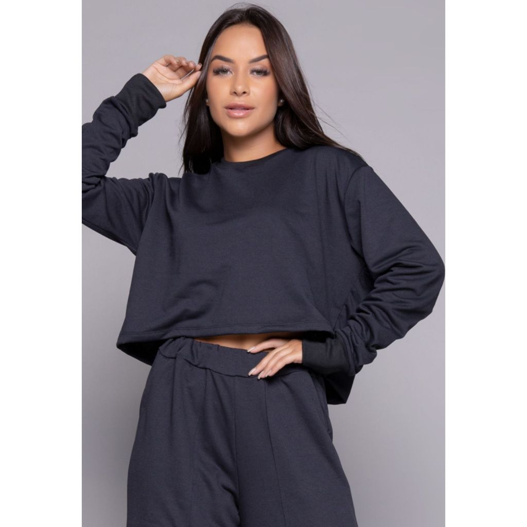 Casaco Cropped Feminino Manga Longa Comprida Moletinho Inverno Roupa Casual