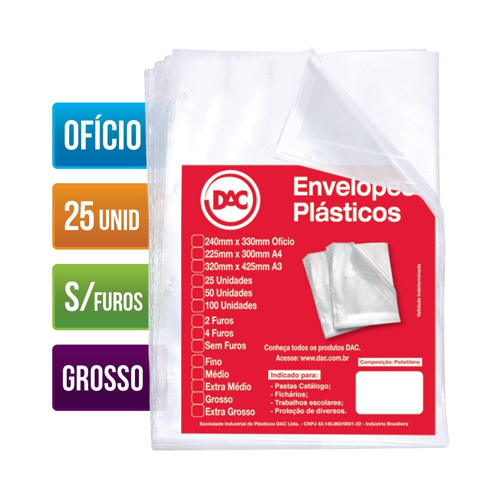 Envelopes Plásticos Grosso Ofício S/ Furos com 25 unidades 330 x 240 mm (5075-25) - DAC em Oferta na Shopee