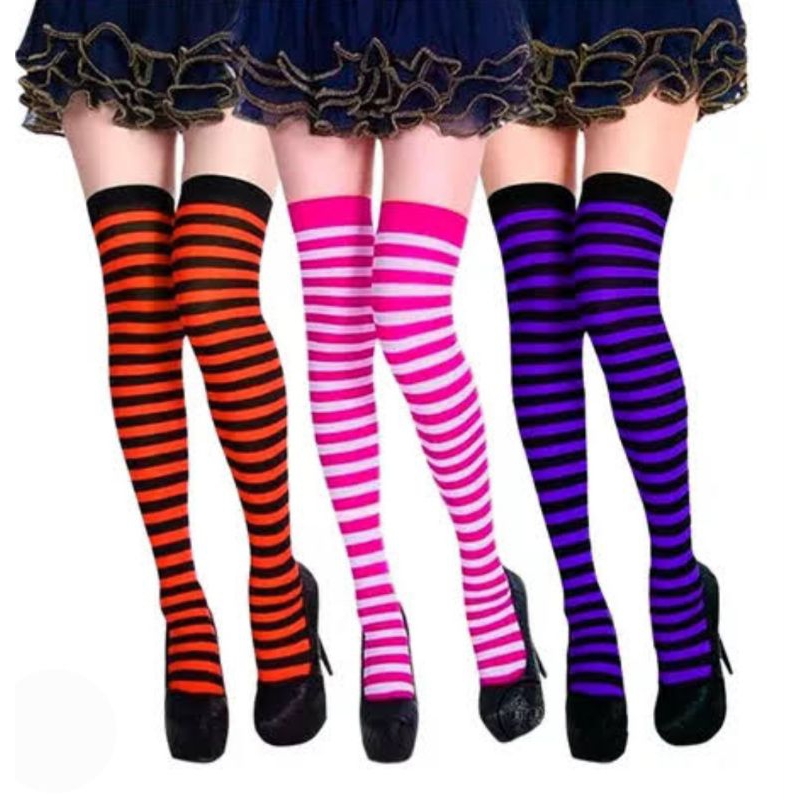 1 Par Meia 7/8 listrada  CASUAL cosplay quadrilha fantasia Colegial anime lolita meias preta branca uniforme