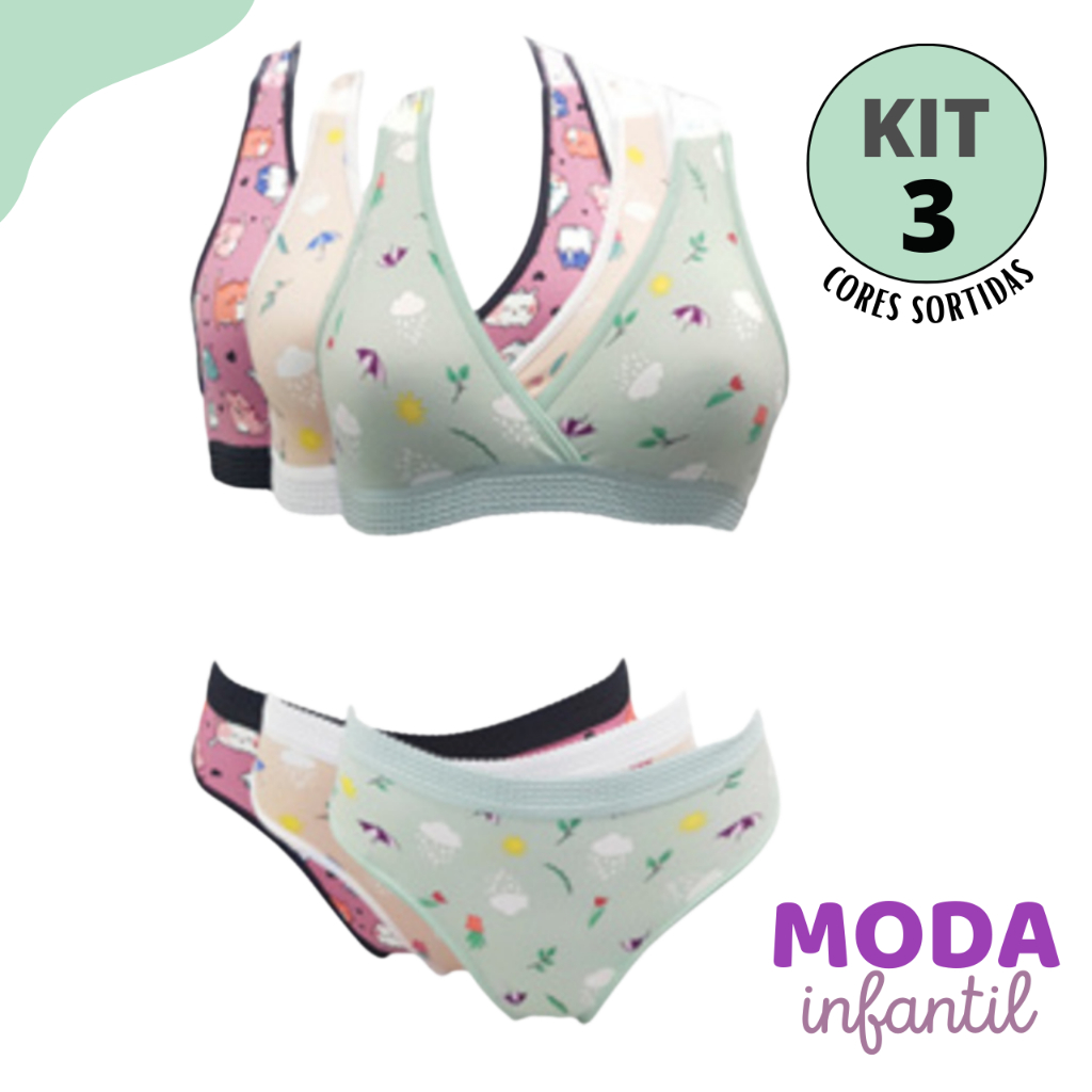 Kit 3 Conjunto Infantil Juvenil Amanda Estampado Conforto Qualidade Sutiã + Calcinha Suede Promoção