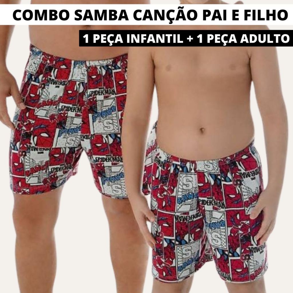 Combo Samba Canção Pai e Filho Infantil Adulto Confortável Cueca Short Pijama Estampa Heróis