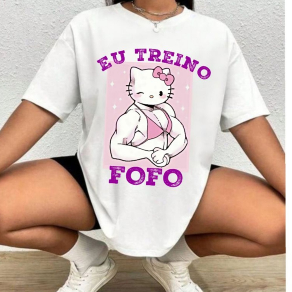 Camiseta Oversized Treino Confortavel Hello Treino Fofo Academia Premium Feminina Esportiva Coreana