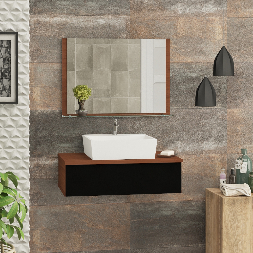 Conjunto Jaspe MDF gabinete banheiro 60 cm com cuba e espelheira - Home & Living