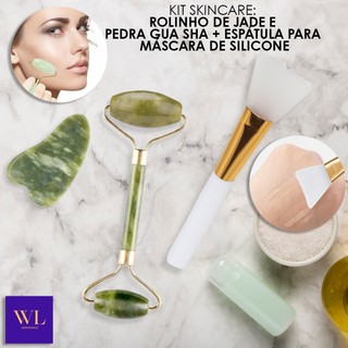 Kit 3 em 1- Rolo de Jade + Pedra Gua Sha + Espátula de Silicone Para Aplicar Máscaras e C…