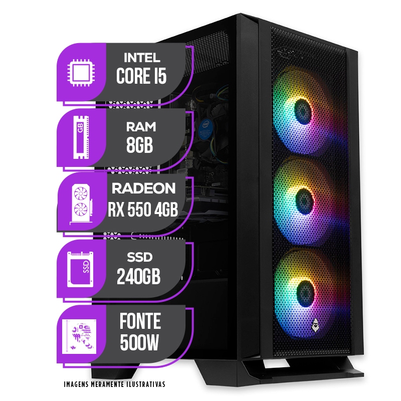 PC Gamer Mancer, Intel Core i5, RX 550 4GB, Memória 8GB, SSD 240GB, Fonte 500W 80 Plus