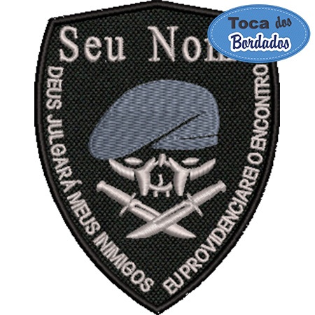 Patch Bordado Brevê caveira de boina Seu Nome 10x7,5cm Cód.2469 - preto  personalizado texto livre