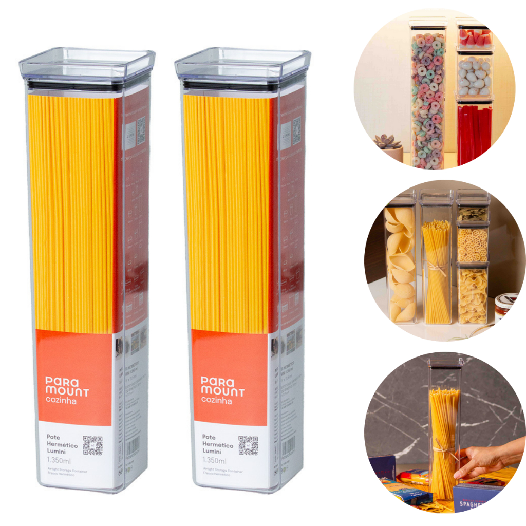 Kit 2 Pote Porta Macarrão Espaguete Cereal Organizador Mantimentos c/ Tampa Acrilico - 1350ml