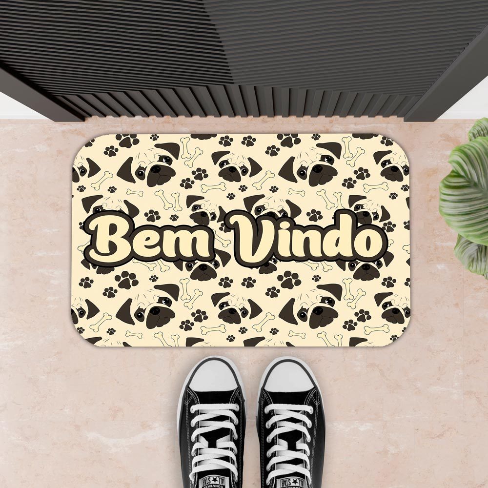 Tapete Emborrachado para Quarto, Sala e Entrada - 34X60  - 2mm  - BEM VINDO PUG