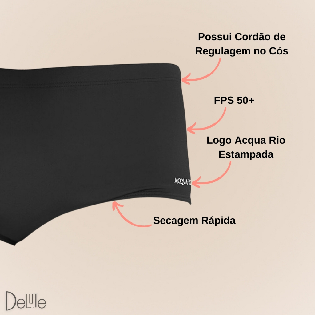 Sunga Slip Acqua Rio Lisa Básica com Cordão de Regulagem e Forrada Moda Praia Verão FPS 50 Sungão