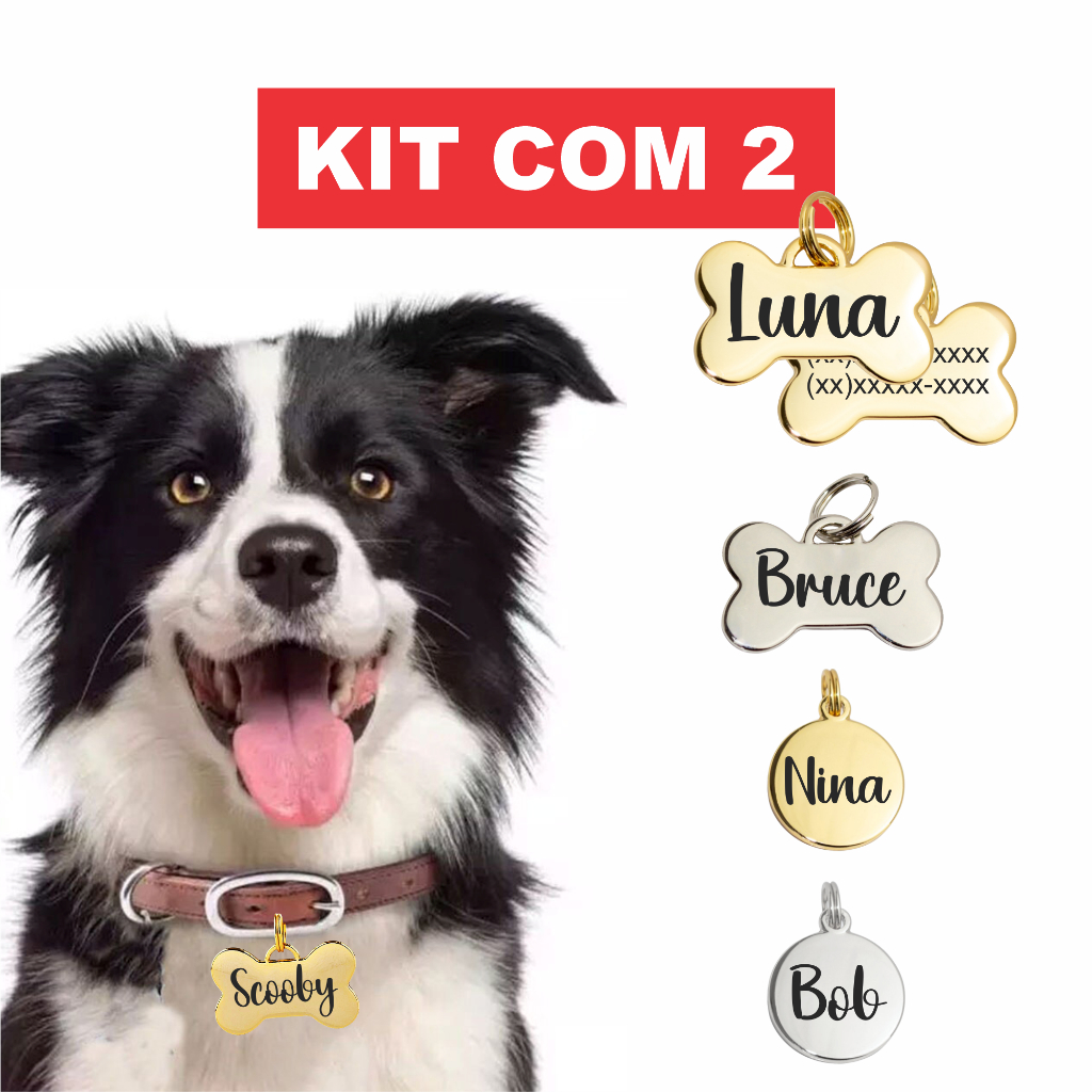 Kit 2 Placas De Identificação Pet Personalizadas Com Nome e Contato em Oferta na Shopee