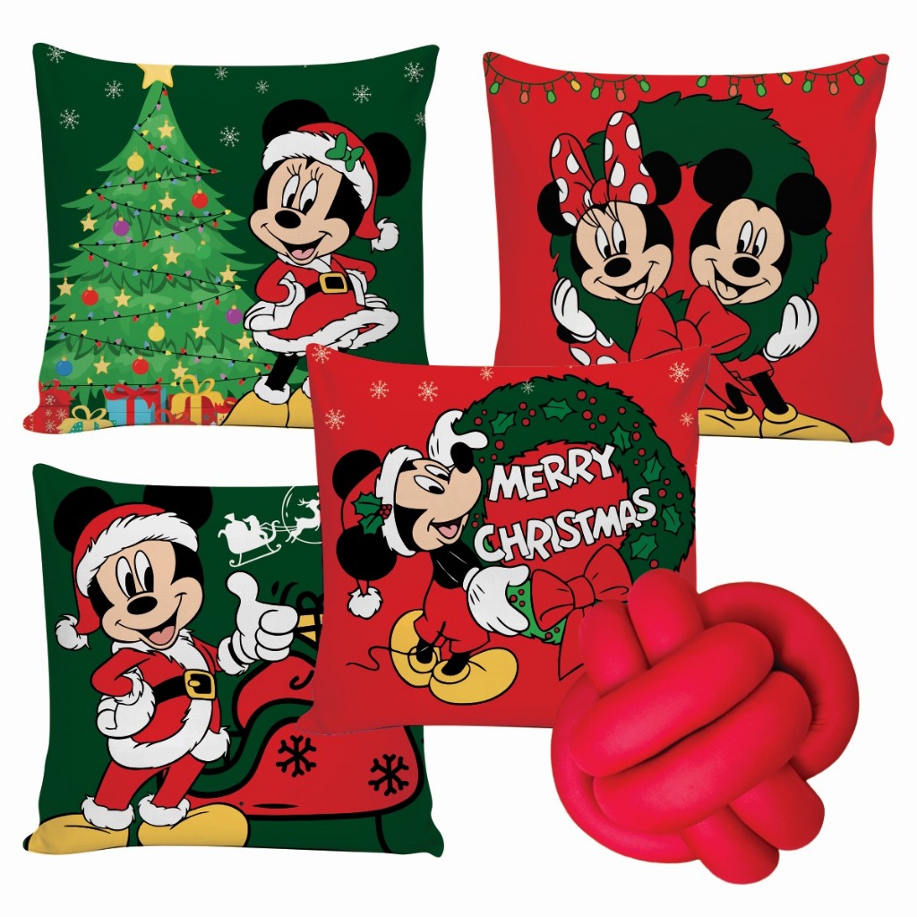 Kit 4 Capas de Almofadas Natalina Decorativas 45x45cm + Almofada de Nó Sala Minnie Mickey de Natal