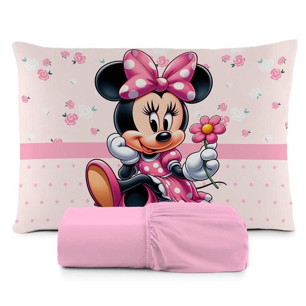 JOGO DE LENÇOL SOLTEIRO INFANTIL MINNIE FLOR DELICADA FRONHA TRAVESSEIRO, LENÇOL DE ELASTICO em Oferta na Shopee