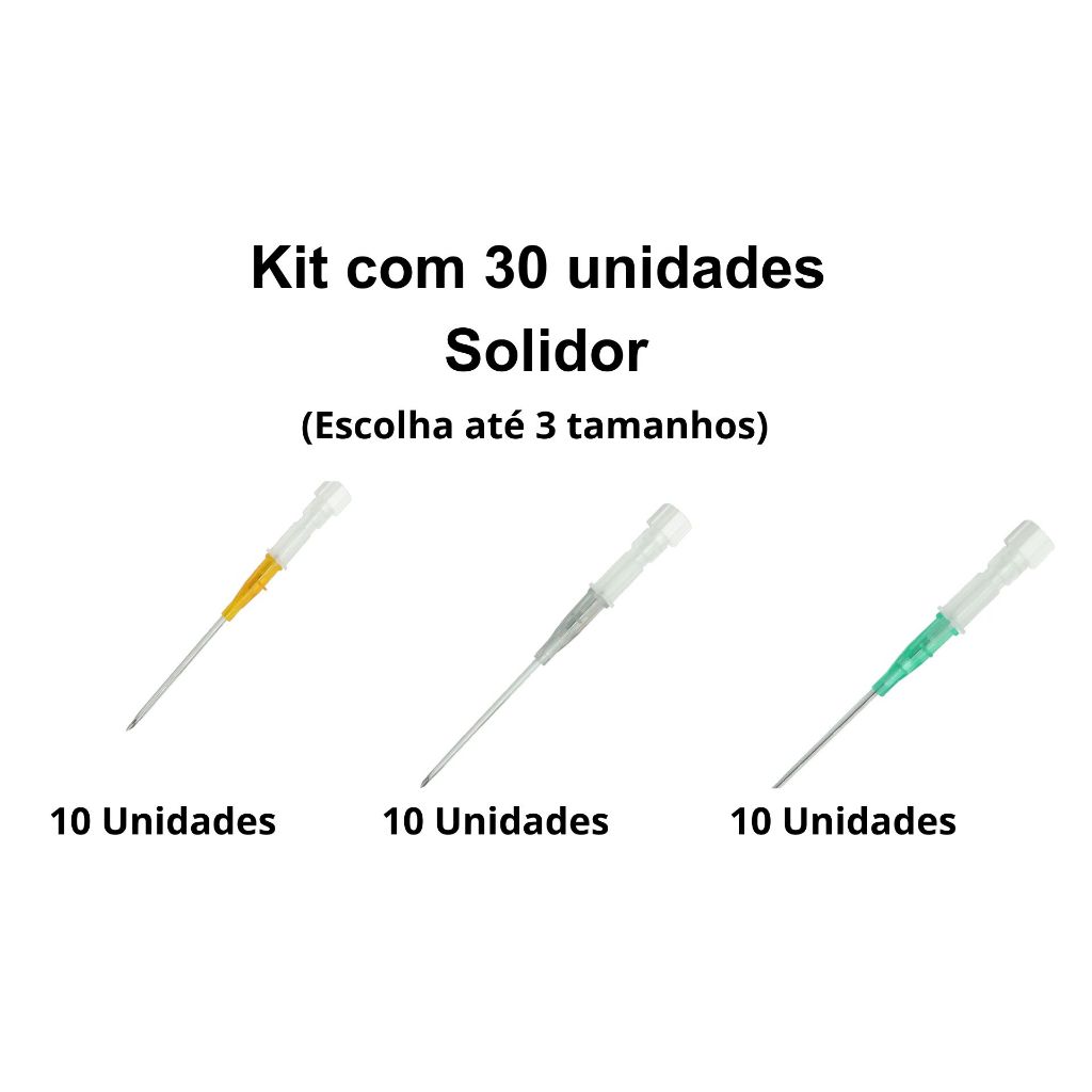 Kit Cateter Body Piercing Com 30 Unidades Solidor (10 unidades + 10 unidades + 10 unidades)