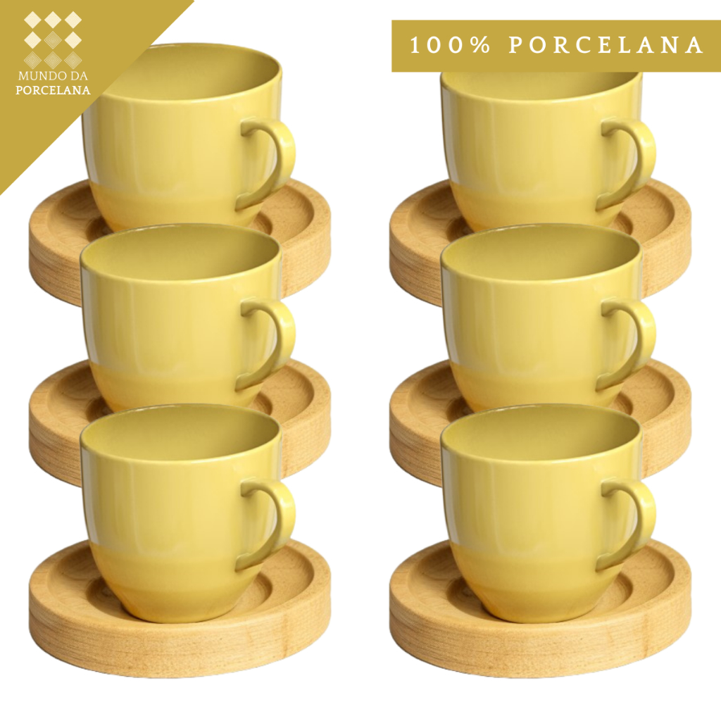 Jogo 6 Xicaras Amarela De Porcelana Cafe Expresso 95ml - 12 Peças