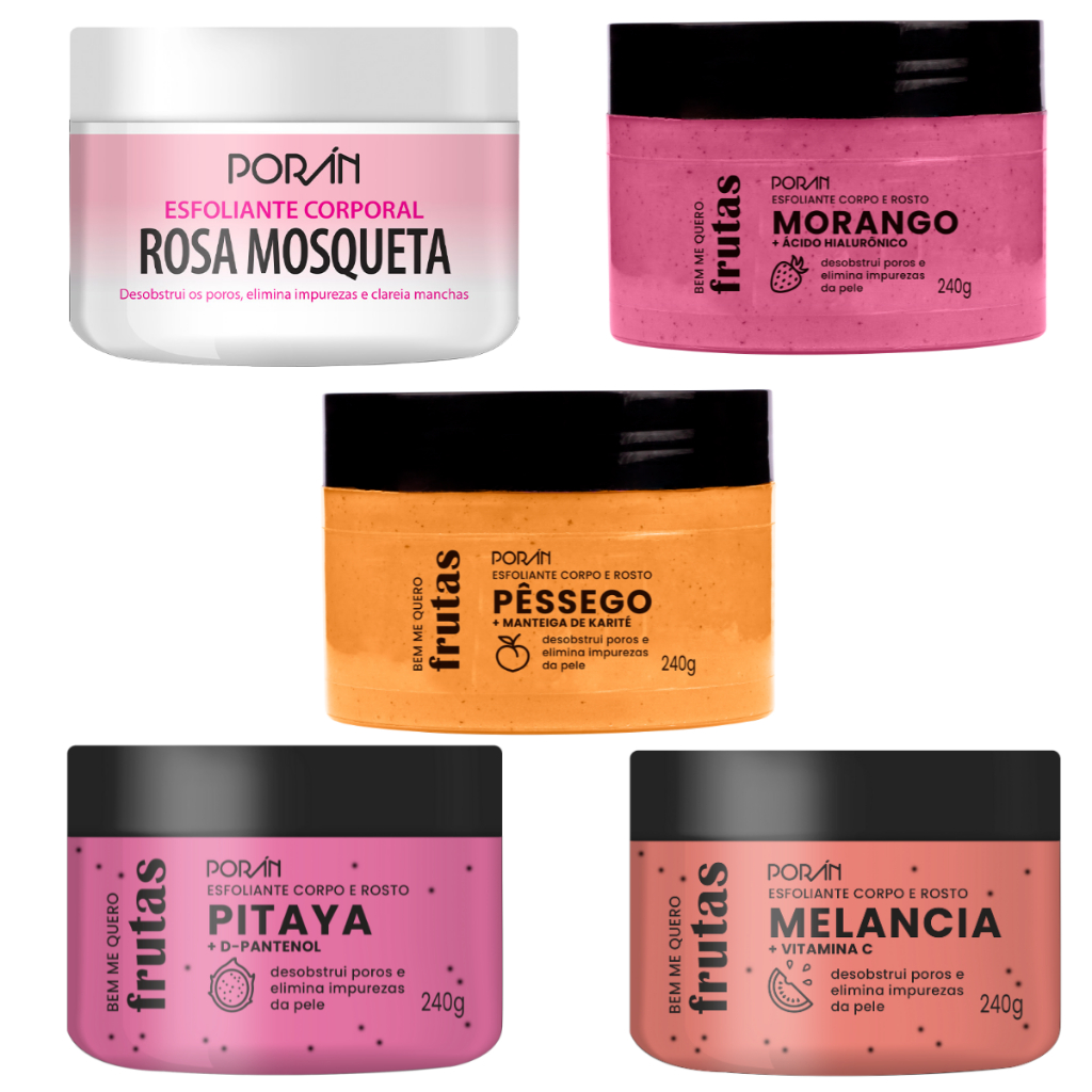 Esfoliante corporal e facial rosa mosqueta pitaya melancia morango e pessego