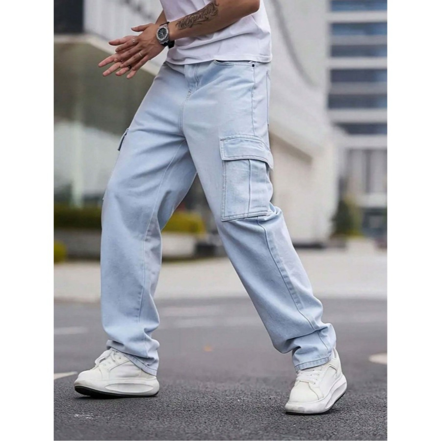 Calça Cargo Jeans Balão Baggy Masculina 100% algodão Tecido Premium Corte Reto