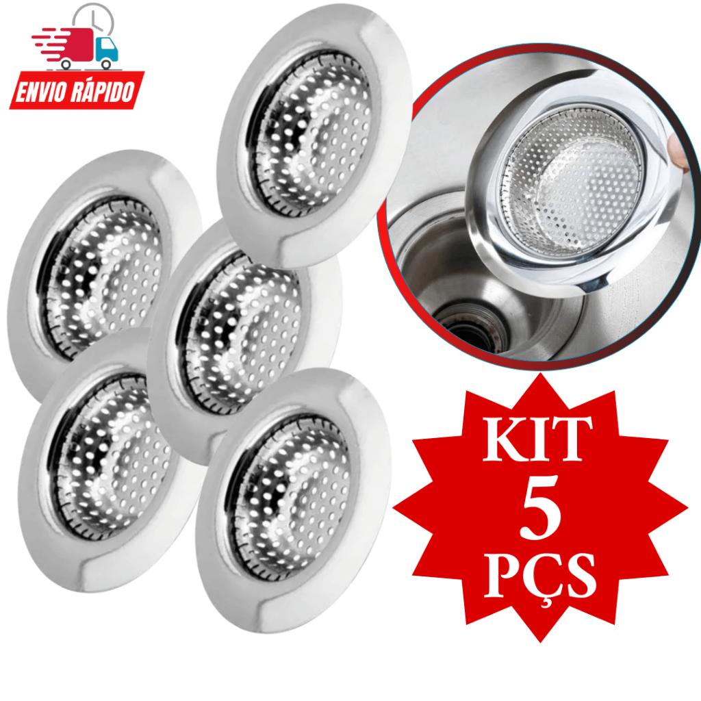 Kit Conjunto 5 Peças Ralo Ralinho Ralo Japonês  11,4 cm Inox  Para Pia Cozinha Válvula Americana Borda Larga Universal