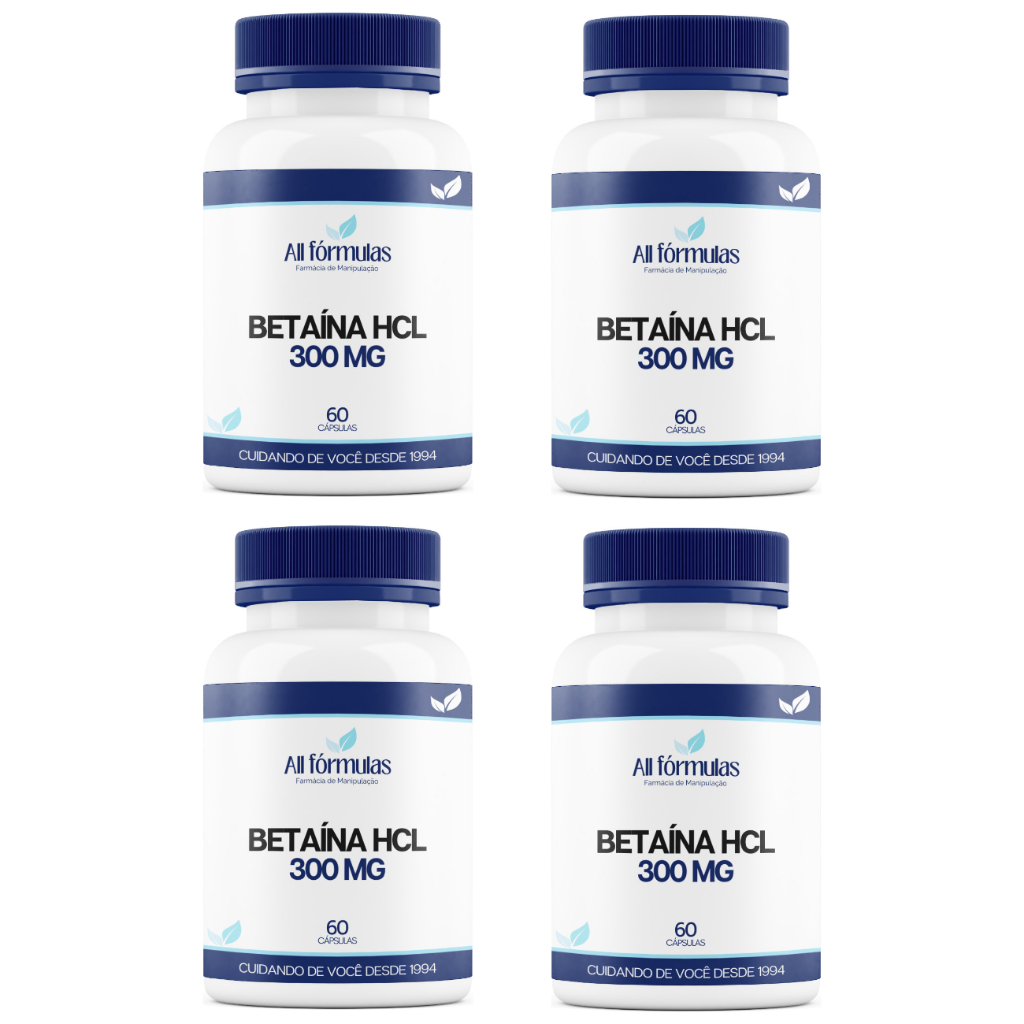 Cloridrato De Betaína 300 Mg - 60 Cápsulas - Kit 4 Frascos