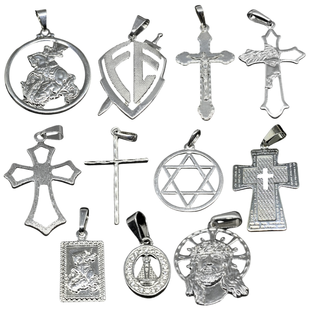Pingente Banhado a Prata 925 Legítima Medalha Amuleto Cruz São Jorge Cristo Nossa Senhora Crucifixo
