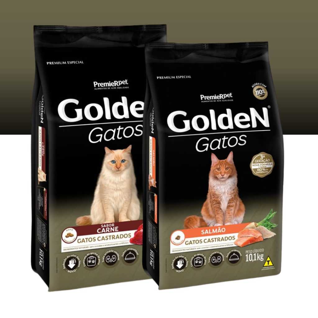 Ração Para Gato Adulto Castrado Golden 10kg Sabores Salmão ou Carne