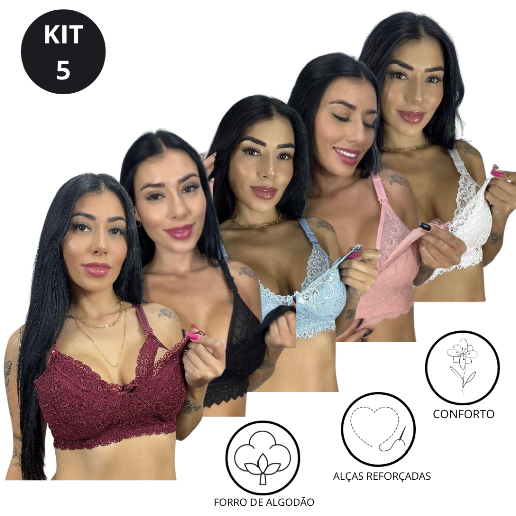 KIT 5 Sutiã de Amamentação Reforçado em Renda com Regulagem Gestação Pós Parto Soutien