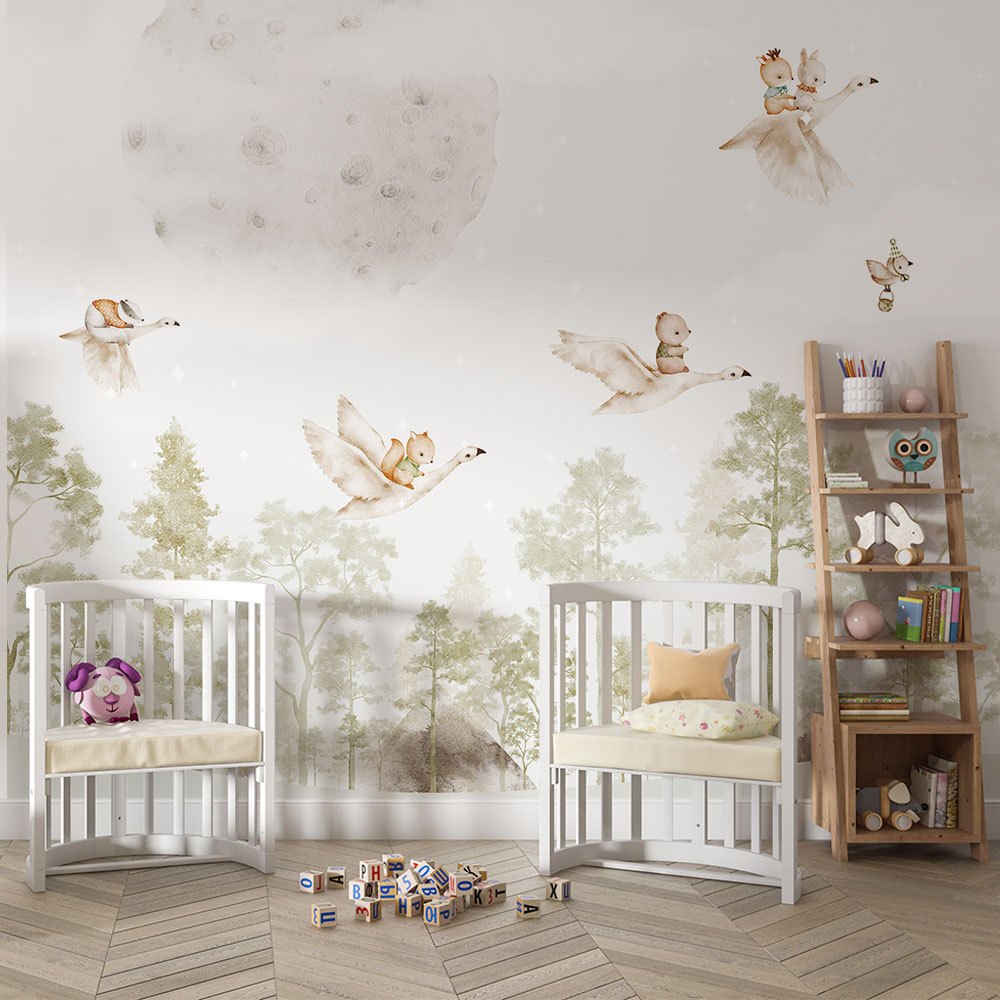 Papel de Parede Infantil Conto de Fadas – Cisnes e Animais Voadores Aquarelados🦢🌙