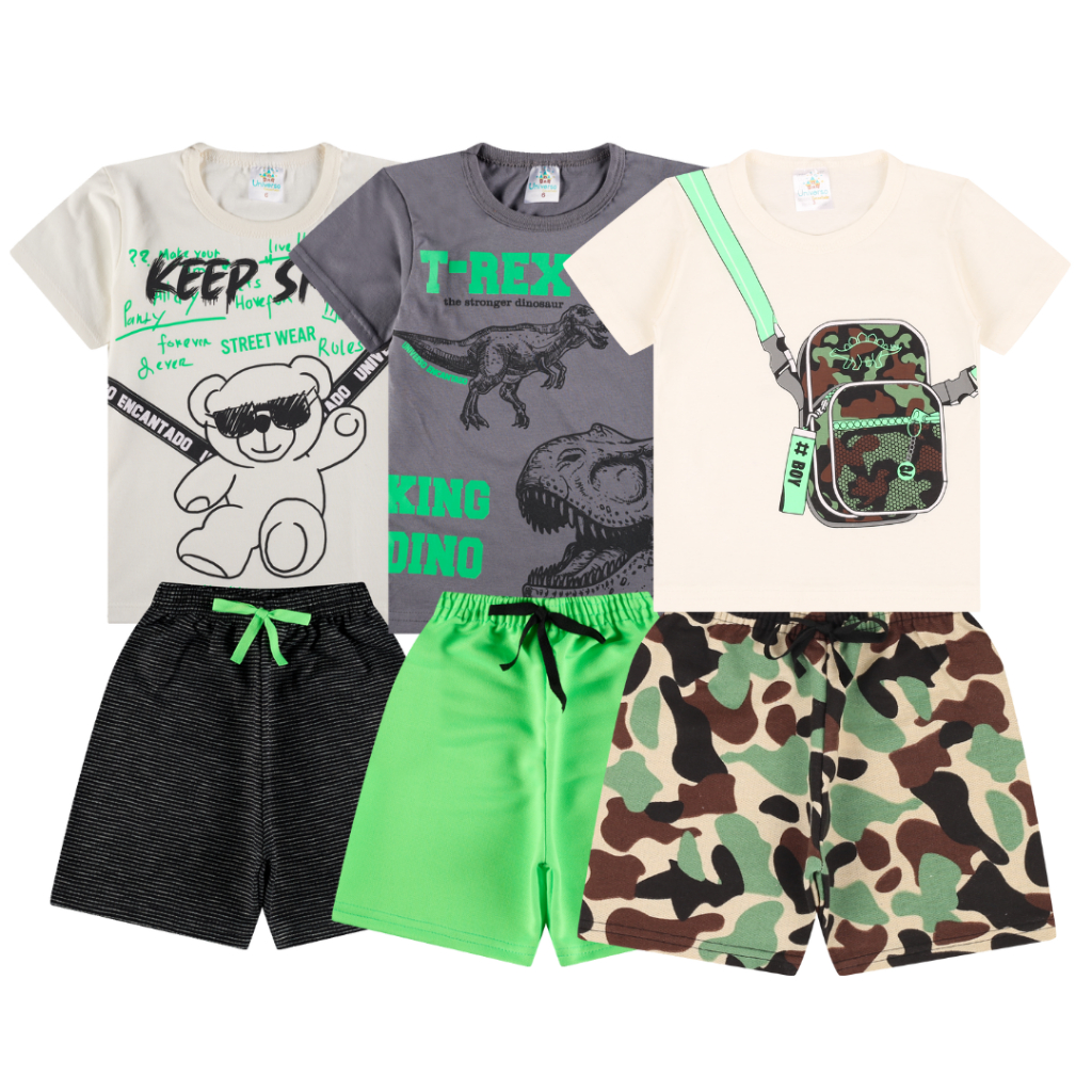 Detalhes do Kit Sortido 6 Peças de Roupas Infantil Menino 3 Camisetas + 3 Bermudas - Kit com 3 Conjuntos de Roupa Infantil Menino
