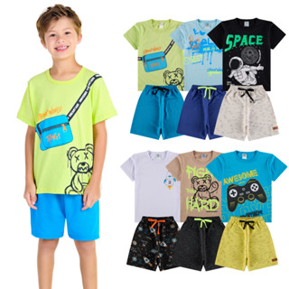 Kit Sortido 6 Peças de Roupas Infantil Menino 3 Camisetas + 3 Bermudas - Kit com 3 Conjunt...