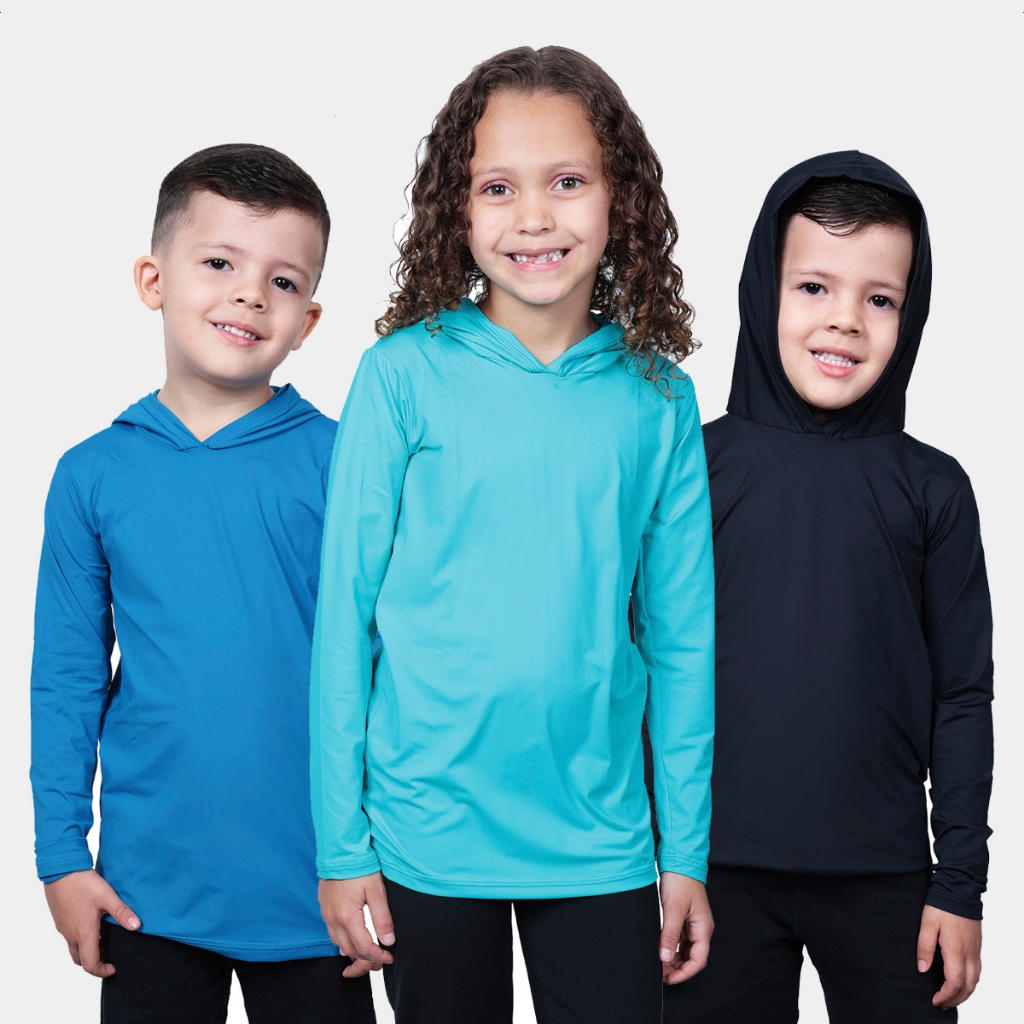 Kit 3 Camisa Uv Infantil Térmica Proteção Solar Com Capuz Feminina Masculina Com Blusa Segunda Pele